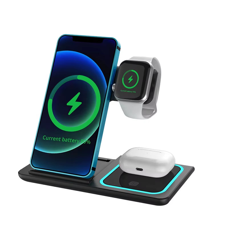 3 in 1 Magnetic Wireless Charger Stand Wireless Charging Station for Iphone for Watch Earphone Wireless Charging Dock with Light