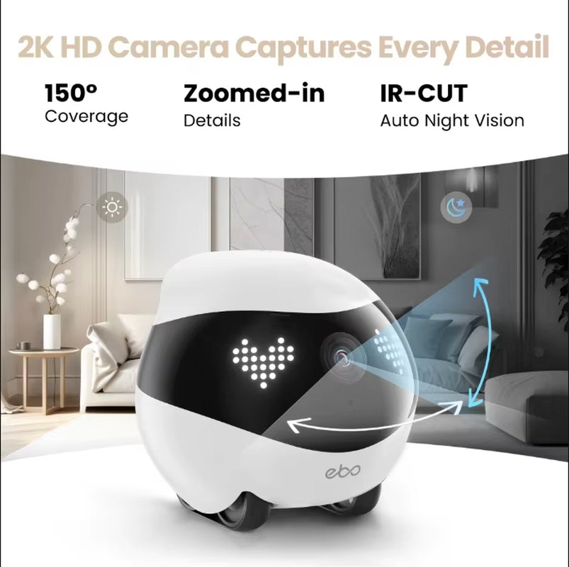 Indoor Security Camera Robot : 2K Pet Camera, Movable Home Robot, Custom Facial Expression, Auto-Recharge, Battery-Operated