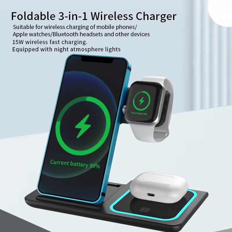 3 in 1 Magnetic Wireless Charger Stand Wireless Charging Station for Iphone for Watch Earphone Wireless Charging Dock with Light