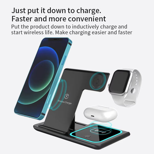 3 in 1 Magnetic Wireless Charger Stand Wireless Charging Station for Iphone for Watch Earphone Wireless Charging Dock with Light
